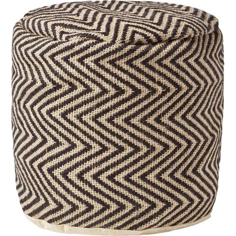 HOMESCAPES Jute Pouf mit Chevron-Muster – Runder Hocker schwarz-natur, 40x45 cm
