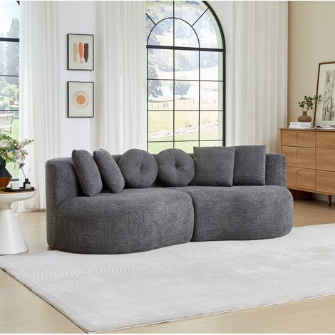 Canapé modulable 3 places en chenille, forme organique, 6 coussins inclus, mousse haute densité, beige (1/5)