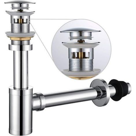 Kit Siphon P Lavabo Salle de Bain Chromé - Bonde à Tirette avec Trop-Plein - Laiton 1-1/4" - Installation Facile (1/4)