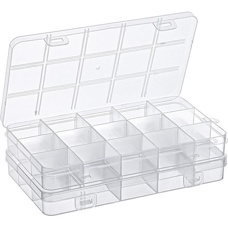 Due piccole scatole per la selezione di piccoli componenti, con 15 scomparti e coperchi, per riporre materiali per il fai da te, come orecchini, perline e viti. (1/4)