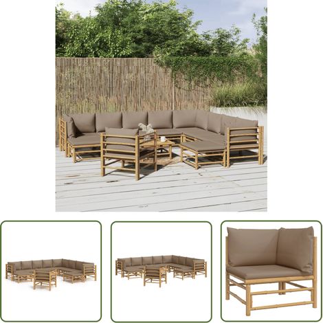 The Living Store Salon de jardin 12 pcs avec coussins taupe bambou - Salon De Jardin - Mobilier De Jardin - Ensemble De Salon - Meubles De Jardin - Bambou (1/5)