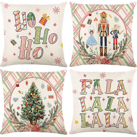 4 Pièces Housse de Coussin de Noel 45x45cm, Housse Coussin Canape en Lin, Decoration de Noel Interieur Shabby Chic, Coussins Decoratifs pour Canapes (1/5)