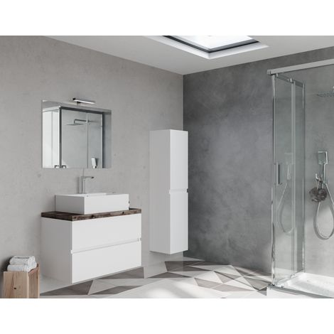 Mobile bagno sospeso 80 cm in legno bianco lucido e top rovere fossile con lavabo e specchio - Civo - Con specchio e lavabo rettangolare