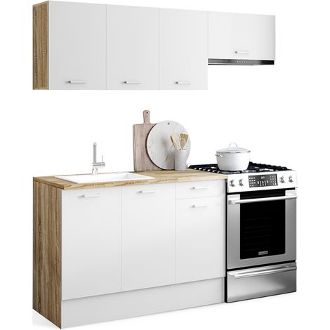 Idmarket – Cuisine complète 180 cm – 2 meubles bas 80/40 cm – Plan de travail 2.5 cm – Structure effet bois et façades blanches (1/5)