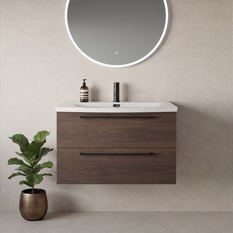 Napoli 390 Brown Oak 800mm Wall Mounted 2 Drawer Vanity Unit with Arc Basin - 800mm - Matt Black 480mm Handle