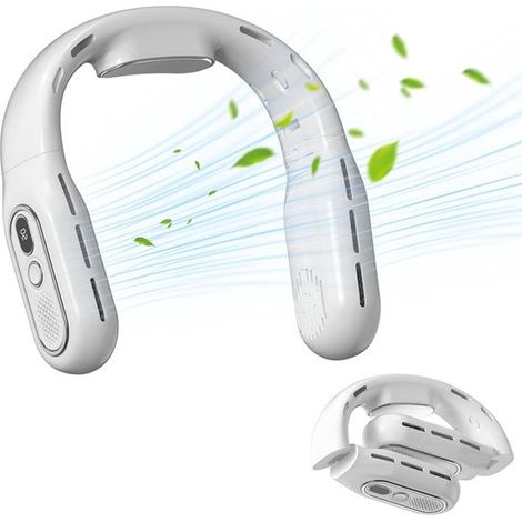 Ventilateur de cou portable USB avec écran numérique, ventilateur sans pales rechargeable avec fonction de refroidissement, mini rafraîchisseur de cou pour déplacements, blanc (1/5)
