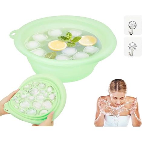 Bassine Pliable Silicone Bac à Glaçons Intégré, Bac à Glace pour le Visage, Bac à Glace Intégré Pliable en Silicone, Bol de Bain de Glace Pliable Envoyer Crochet Adhésif,pour Soulager Gonflemen (1/5)