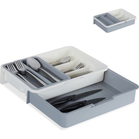 Range couverts extensible, 7 casiers, couvert et ustensiles de cuisine, plastique, 6 x 23,5x31,5cm, gris (1/5)