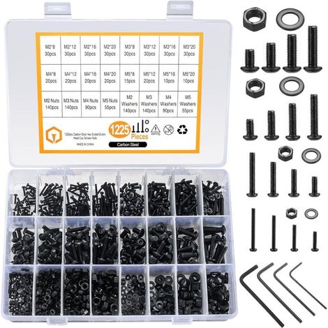 Bardusch - 1225 Pièces M2 M3 M4 M5 Jeu de Vis et écrous, Vis à Tête Cylindrique à Six Pans Creux et Boulons et écrous et Rondelles, Vis Filetées à Tête Ronde Acier Carbone et écrous et Rondelles (1225 (1/5)