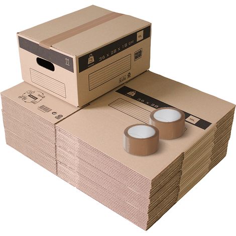 Pack and Move - Lot 30 Cartons Déménagement Stockage S - 36 x 28 x 18 cm - Poignées renforcées - 2 adhésifs offerts