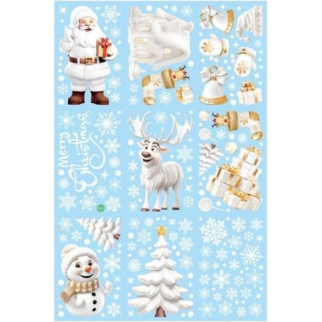Décorations de Noël pour fenêtres - 9 feuilles d'autocollants blancs à effet stéréoscopique, flocons de neige, Père Noël, rennes (1/5)