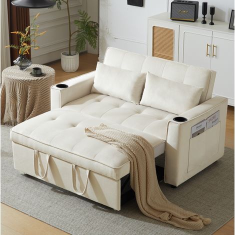 Canapé convertible 2 places en velours beige 137 cm avec dossier réglable et porte-gobelets (1/5)