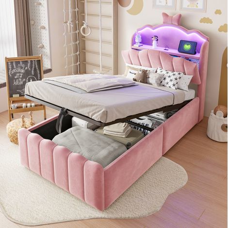 Lit coffre 90x200 cm lit enfant avec LED, USB/USB-C, rangement hydraulique et tête de lit coffre, velours rose (1/5)