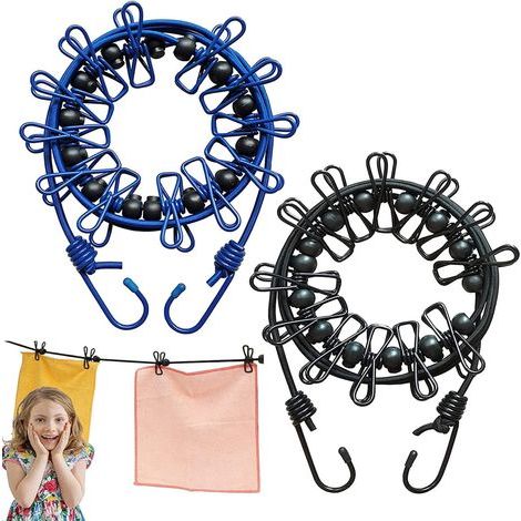 Lot de 2 cordes à linge portables, corde à linge de voyage élastique, réglable et rétractable, résistante au vent, avec 12 pinces métalliques pour faire sécher le linge en extérieur lors de vos voyage (1/5)