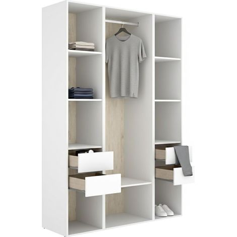 Armario Grande Bellwood, Dormitorio, 7 Estantes, Barra para Ropa, 4 Cajones, 45x205h cm Blanco