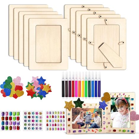 Cadres photo en bois, lot de 10, vierges pour bricolage avec pierres scintillantes et autocollants, pour bureau. (1/5)