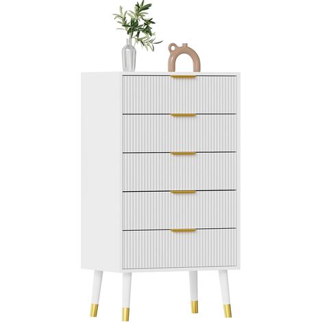 Commode à 5 Tiroirs en Plaque Plastique avec Pieds Dorés, Meuble de Rangement Moderne pour Chambre à Coucher/Couloir/Entrée/Salon, Armoire de Rangement avec Poignées Dorées et Glissières Métalliques (1/5)