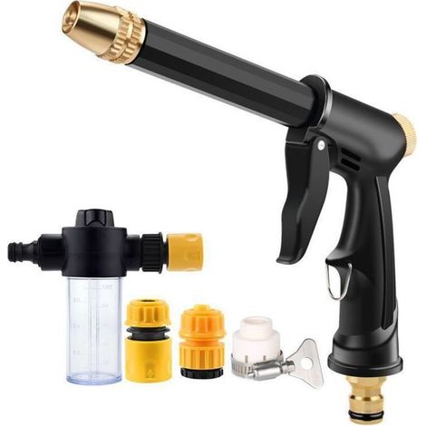 Garden hose nozzle with soap dispenser and quick connector, plastic high-pressure cleaner gun, exterior car washing. (1/5)
