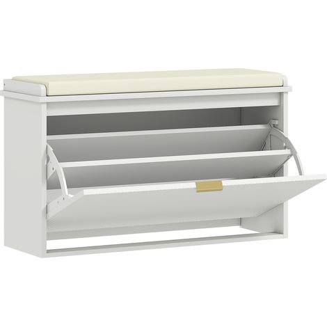 Banc de rangement pour chaussures avec coussin rembourré et tiroir pliant, pour entrée, chambre, 80 x 26 x 47,5 cm, blanc (1/5)