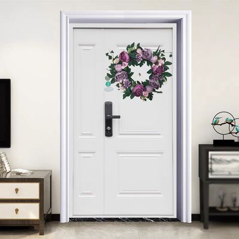 Couronne de pivoines en soie vintage bleue 42cm, décoration murale porte d'entrée, fausses fleurs en tissu avec cercle en rotin. (1/5)