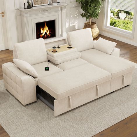 Canapé d'angle 3 places convertible avec rangement, porte-gobelets, USB, dossiers réglables, 237x141x86 cm, beige (1/5)