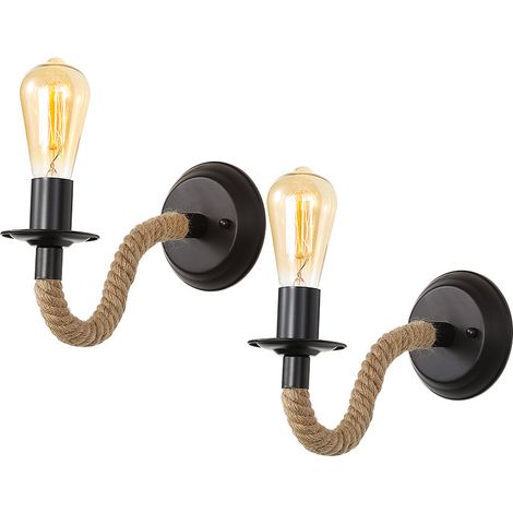 GOECO 2 Pcs Vintage Wall Light, Hemp Rope Wall Lamp, E27 Retro Indoor Wall Light for Hallway Loft Bedroom Cafe Bar (No Bulb) (1/5)