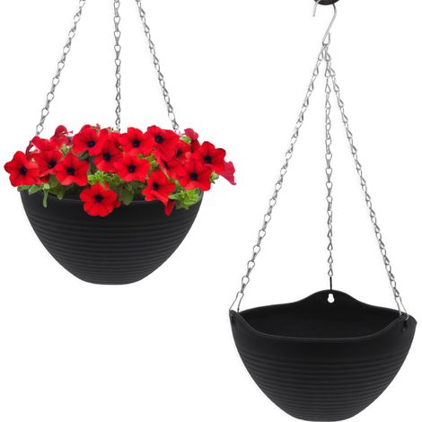 Blumenampel anthrazit mit Rillen Struktur 25 cm - 2er Set - Kunststoff Hängeampel mit Ablauf und Metallkette