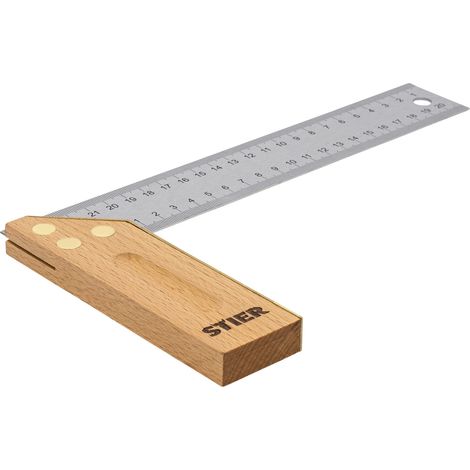 STIER Anschlagwinkel, Schreinerwinkel, Buche, 90° / 45°, 250 mm, mit Griffhohlkehle, doppelseitiger Messingbeschlag