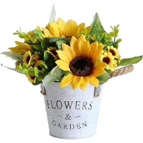Bouquet de Tournesols Artificiels avec Vase en Métal - Décoration pour Maison, Bureau, Mariage ou Fête (1/5)