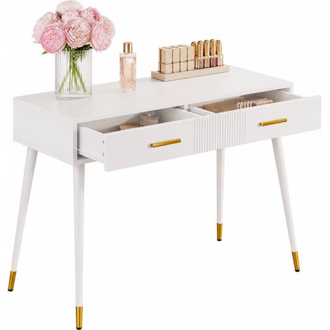 ELVMI Tocador con 2 Cajones, Escritorio con Estructura Metálica, para Dormitorio y Oficina en Casa, Blanco, 100×40×76 cm (1/5)