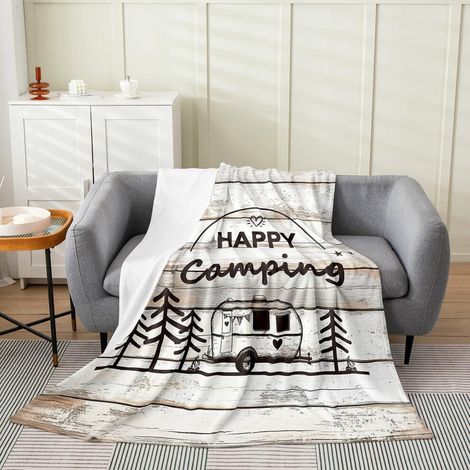 Fröhliche Camping-Fleecedecke – 50 x 60 Zoll, weich, warm und leicht, rustikaler Landhausstil, geeignet für Sofas/Betten, geeignet für Kinder und Erwachsene, ein tolles Geschenk, das Ihre bequemen Dec
