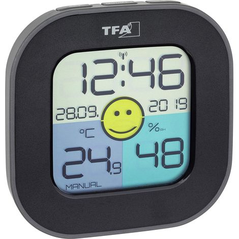 TFA Dostmann Termoigrometro digitale FUN, con orologio radio con data, indicatore di zona di comfort Smiley, per controllo climatico, nero, L 88 x L 19 (44) x H 88 mm (1/3)