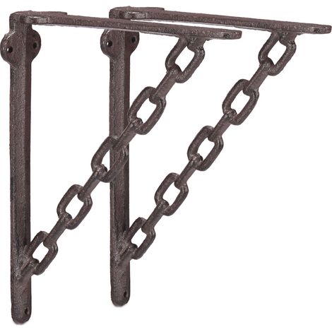 Set of 6 Relaxdays Cast Iron Shelf Brackets, Antique Look, Extraordinary Chain Design, Support for Shelves, Rusty Brown