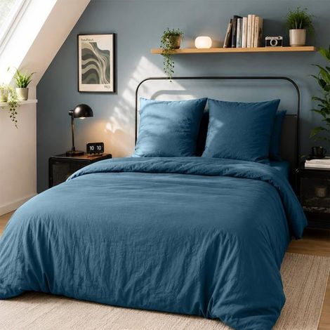 Parure de lit - CÔTE DECO - Housse de couette 240x220 cm - 2 taies d'oreiller - Microfibre - Bleu (1/5)