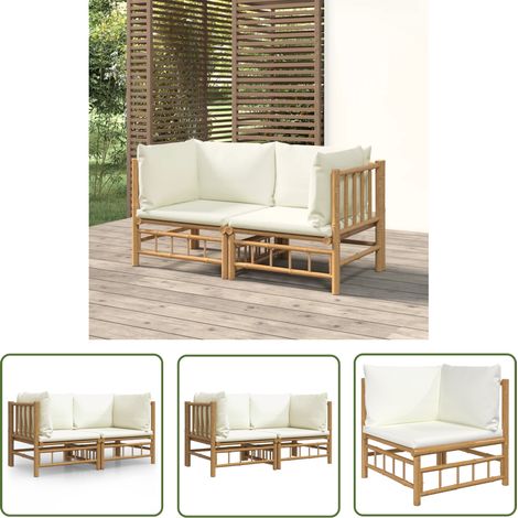 The Living Store Canapés d'angle de jardin avec coussins blanc crème 2pcs bambou - Canape D'angle - Mobilier De Jardin - Salon De Jardin - Bambou - Meubles Exterieur (1/5)