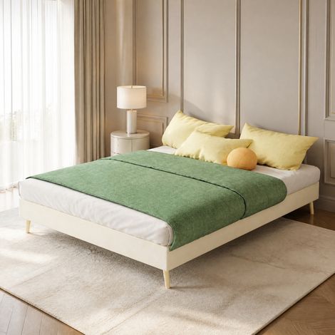 Letto basso 140 x 200 cm, struttura letto in velluto beige, con rete a doghe, DESVIAE (1/5)
