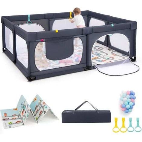 Parc de jeux bébé gris foncé en oxford avec matelas double face, 50 balles, 4 anneaux et 4 portes zippées pour salon et chambre (1/5)