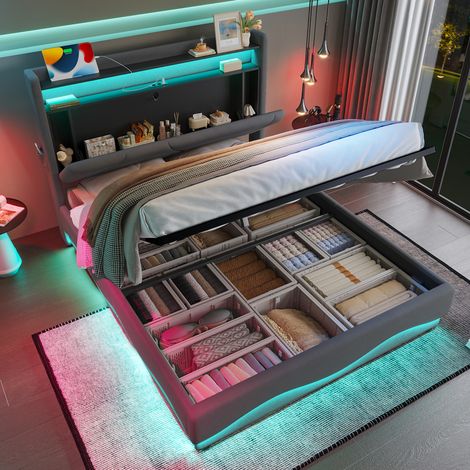 lit adulte coffre rangement 160x200 LED velours gris OKMYHOME (1/5)