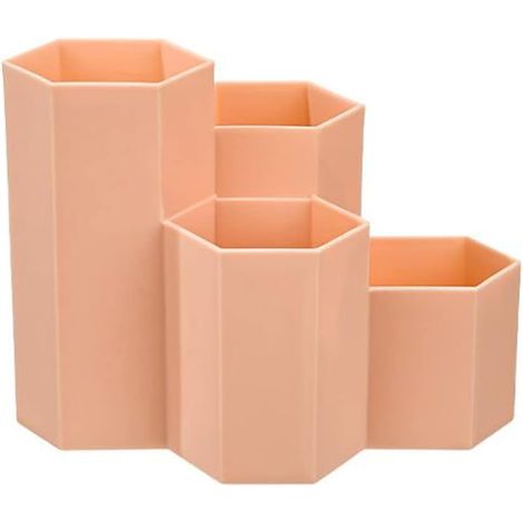 Pen Holder - Hexagonal Plastic Desk Organizer - 4-Compartment Stationery Storage Box - For Pens Brushes Remotes Phones - 1 Piece (1/5)