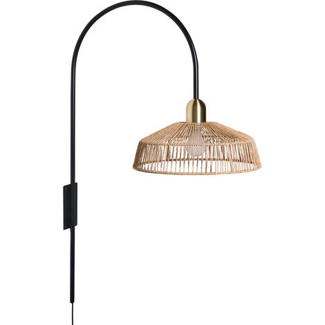 Lámpara de pared pantalla hecha a mano estilo boho base de metal negro pantalla de cuerda de papel natural Nosara