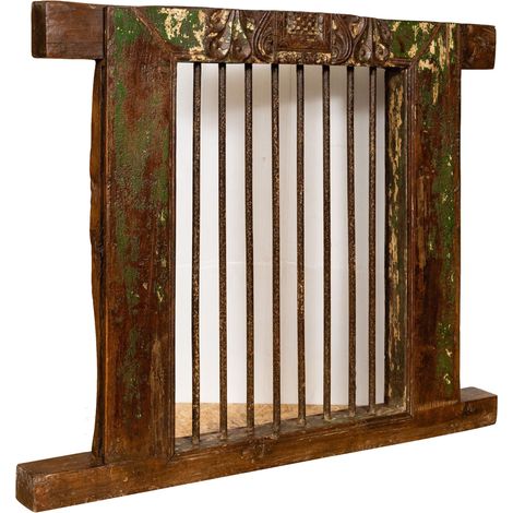 WINDOW GRAIN GRID IN IRON WITH FRAME FINELY RESTORED IN SOLID WOOD OF TEAK