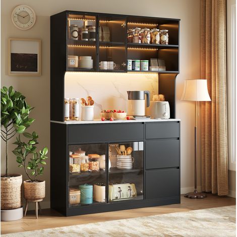 Madia 120x40x180 cm, con ripiani, cassetti e LED integrate, effetto marmo, MDF, nero e bianco (1/5)