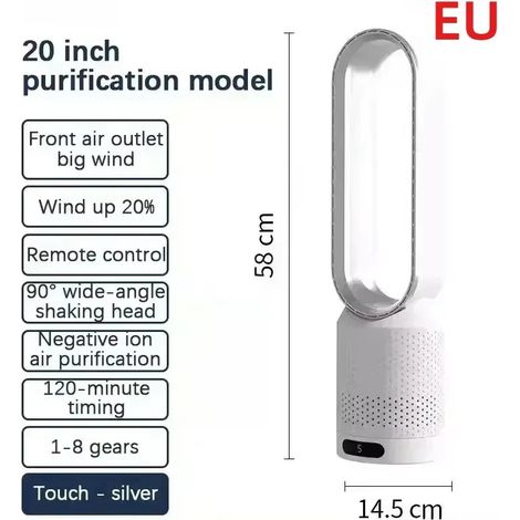 Ventilateur tour sans pales 220V 20 pouces silencieux argent (1/5)