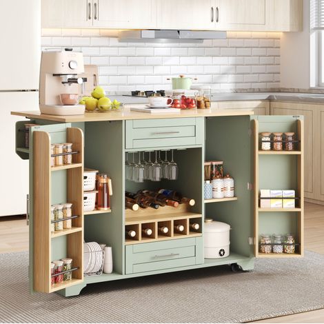 Mobile cucina su ruote con piano ribaltabile, 138 x 70 x 92 cm, verde OKMYHOME (1/5)