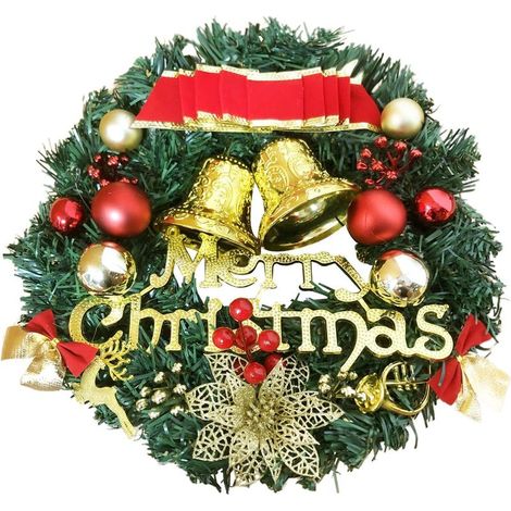 Corona navideña para puerta, 30 cm, corona de flores artificiales colgantes, decoración navideña con lazo y cascabeles de Feliz Navidad para marco de chimenea o pared. (1/5)