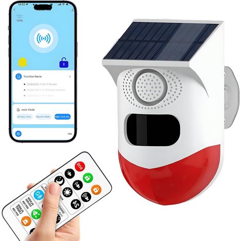 Detecteur de Mouvement, Sirene Alarme Exterieur/Interieur Alimentation Solaire Prise en Charge, Volume 0120dB, Controle a Distance, Reglage Horaire, avec Telecommande (1/5)