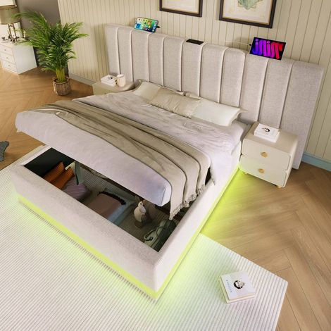 Lit coffre 180x200 cm lin beige sommier led usb-c sans matelas (1/5)
