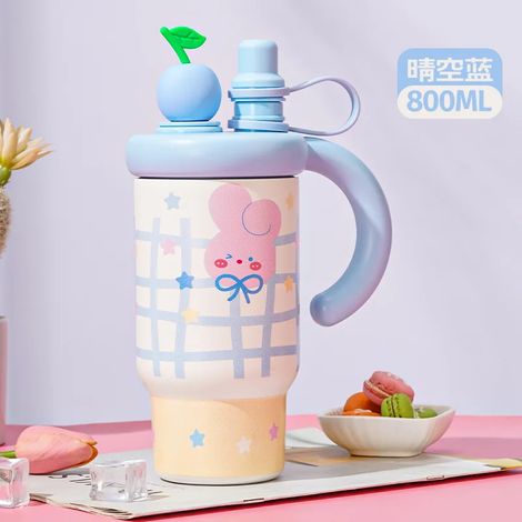 (Bleu, 800 ml) Mug isotherme en acier inoxydable 316 avec paille et poignée, étanche, convient pour les voyages en voiture et l'utilisation au bureau. (1/5)
