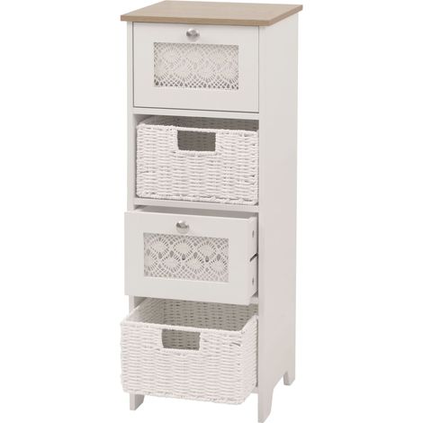 Kommode HHG-348, Schubladenschrank, 4 Schubfächer Korbschubladen Holz Melamin 82x30x30cm natur-weiß