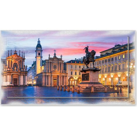 Lupia - Quadro moderno su Tela con Cornice stampata NEWEXT 75x135 cm, paesaggi localismi italiani, per casa soggiorno capezzale camera da letto hotel ufficio, TORINO PIAZZA SAN CARLO TWILIGHT (1/4)